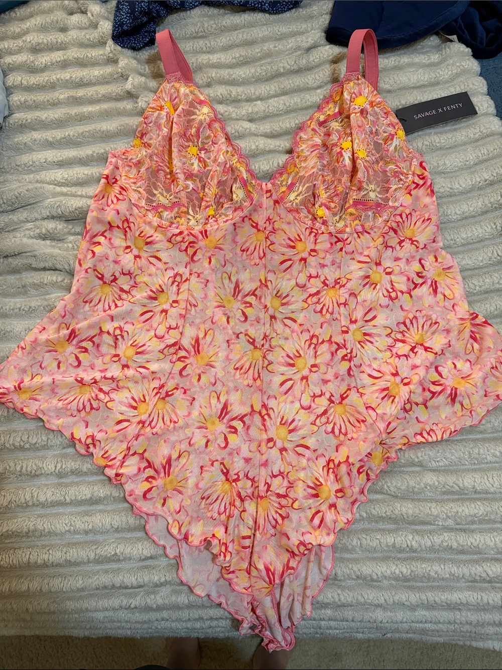 Savage X Fenty Pink and Yellow Floral Lace Bodysuit